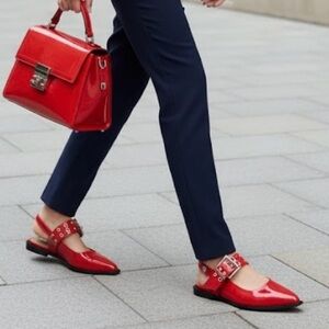 Steve Madden Smokee Red Slingback Flats | Silver Buckle Detail Sz 6.5 Vegan NWB